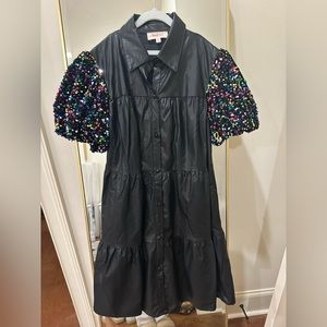 Faux Leather button up dress with sparkly sleeves